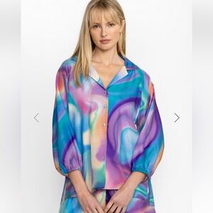 JOHNNY WAS WORKSHOP MERIDA MARBLE SMOCKED RAGLAN SHIRT Size Medium